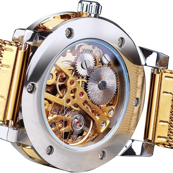 Retro Manual Mechanical Skeleton Watch with Diamond and Carving Flower, Gold-W - Picture 4 of 6